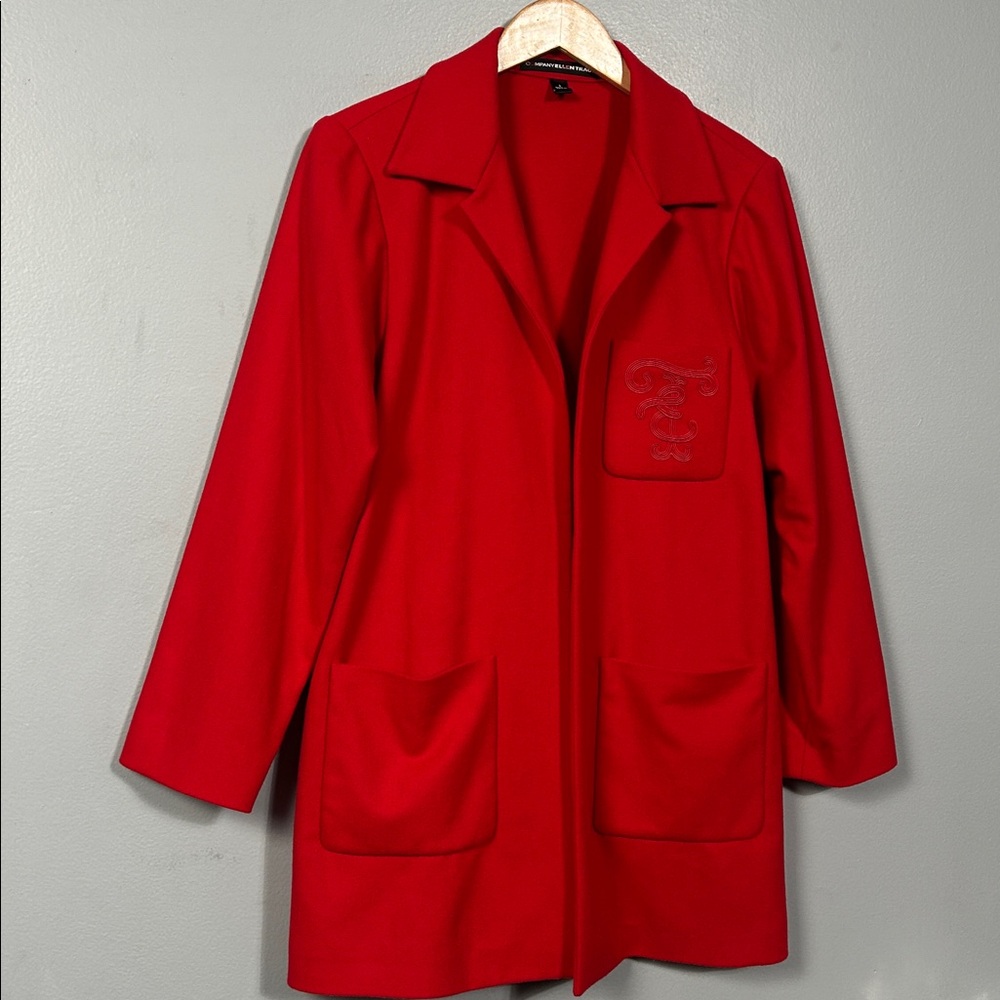 Ellen Tracy wool blend red open front long blazer size 2